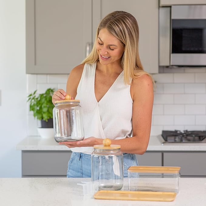 Glass Laundry Jars with Airtight Lids - Kitchen & Laundry Room Organization Containers with Dryer Sheet Holder,Bamboo Tray - Laundry Detergent Powder Half Gallon Storage Canisters with Labels