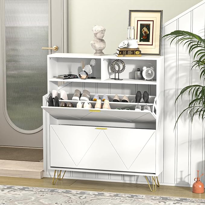 JOZZBY Large Shoe Cabinet for Entryway, 46'' White Narrow Shoe Storage Cabinet with 2 Flip Drawers and Open Shelves, Hidden Wide Freestanding Shoe Rack for Hallway, Set of 2