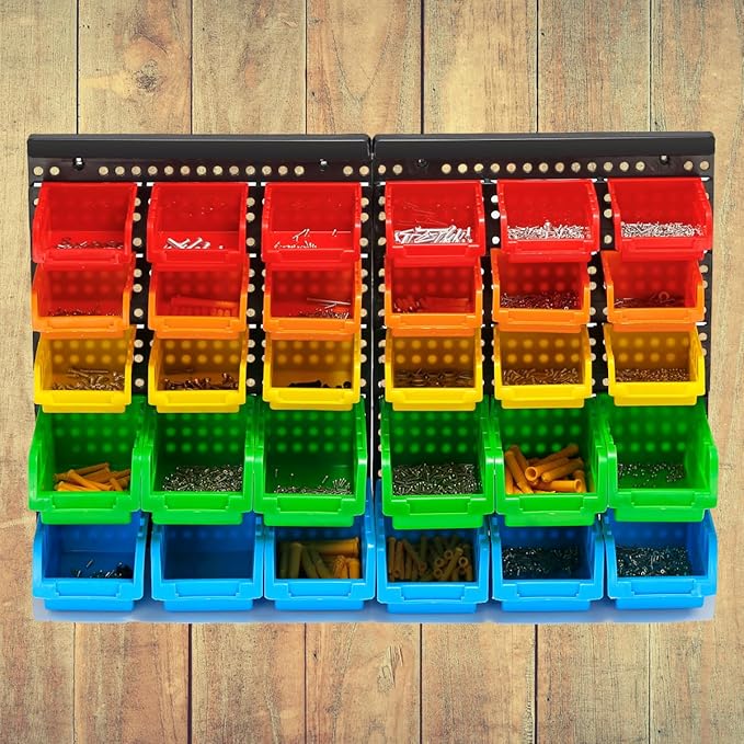5 Colors Wall Mounted Storage Bins kit, Tool Organizer Bins Parts Rack, 30-Bin Organizer Shop Storage Rack 4 Set