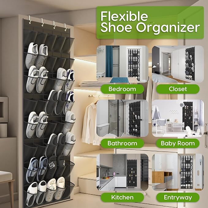 Over the Door Shoe Organizer with 40 Large Breathable Mesh Pockets, Space Saving Shoe Holder, Hanging Shoe Rack for Entryway Bedroom Closet Storage (Black, 80 Pockets)