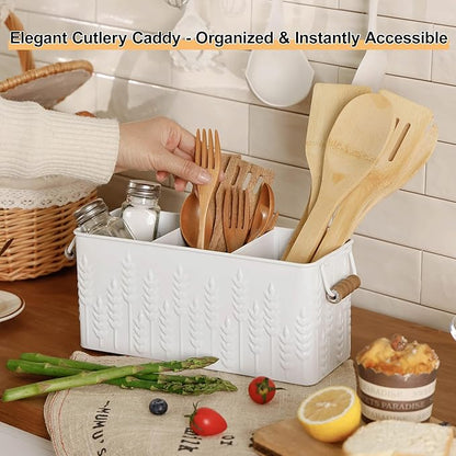 Silverware Caddy for Party Kitchen Flatware Holder for Countertop Metal White Ear of Wheat Pattern Embossed Cutlery Organizer with 3 Compartments for Utensils, Spoons, Knives, Forks