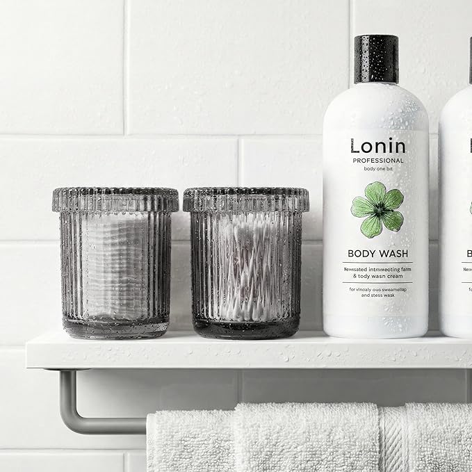 2 Pack Qtip Holder - Apothecary Jars with Lids, Bathroom Organizers and Storage Canister for Cotton Balls,Swabs,Floss Picks,Hair Ties,Clear Glass Vintage Bathroom Decor Jar Set (Gray)