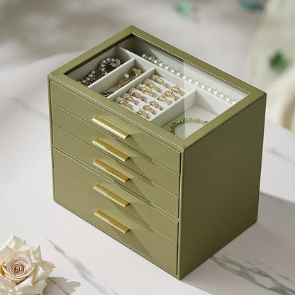 Jewelry Box Organizer Case for Women: 5-Layer Jewelry Storage Case with Glass Window, Olive Green Leather with Cream Velvet, Holder for Ring Necklace Bracelet Brooch Watch, Great Gift for Her