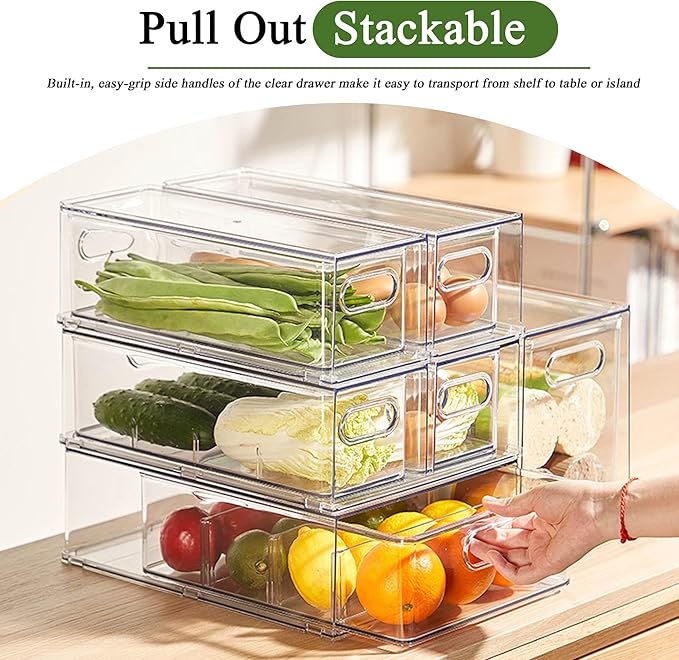 bealy 2 Pack Refrigerator Organizers and Storage, Stackable Clear Pull out Drawer Organizer Bins, BPA-Free Fridge Organizer and Storage for Fruit, Produce, Drink, Snack and Food Storage Containers