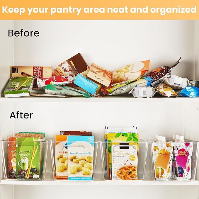 YIHONG 12 Pack Clear Pantry Organizer Bins, Plastic Containers with Handle for Kitchen,Freezer,Cabinet,Closet,Bathroom Under Sink Storage
