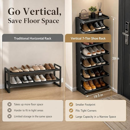 39" Bamboo Shoe Rack - Vertical Shoe Organizer Rack for Small Space, Narrow Shoe Tower for Closet, Entryway, Corner, Tall Shoe Shelf with Removable Shelves, Flexible Storage Shelf for Saving Space