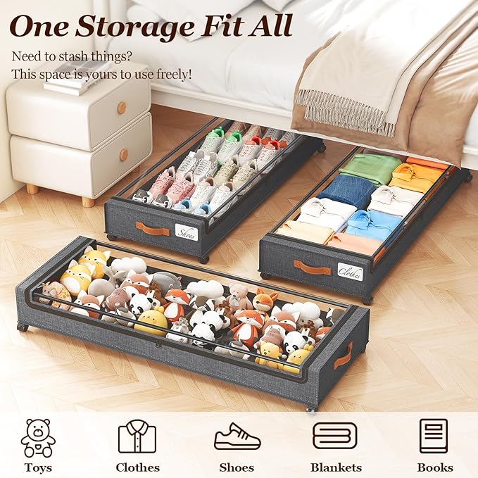 Yecaye 85 L Under Bed Storage with Wheels, 2 Pack Extra Large Under Bed Storage Containers with Metal Frame & Clear Lid, Rolling Underbed Organizer Bins Drawers for Clothes, Shoes, Blankets, Hemp Grey