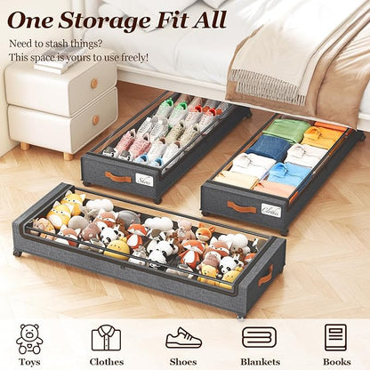 Yecaye 85 L Under Bed Storage with Wheels, 2 Pack Extra Large Under Bed Storage Containers with Metal Frame & Clear Lid, Rolling Underbed Organizer Bins Drawers for Clothes, Shoes, Blankets, Hemp Grey