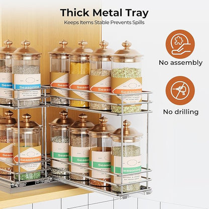 Mystozer Pull Out Spice Rack Organizer for Cabinet, Slide Out Spice Racks, Easy to Install, 7.08" Wx10.43 Dx8.26 H, 2 Drawers 2 Tiers(Silver)