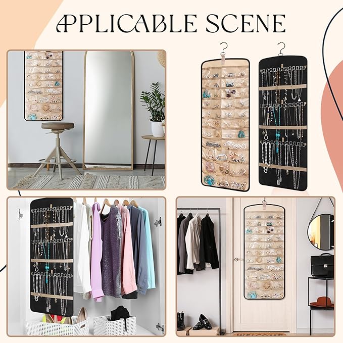 2 Pack Hanging Jewelry Organizer Storage with 39 Pockets, 30 Necklace Hooks Double Sided Wall Mount Earring Holder Organizer Bracelet Necklace Jewelry Display Hanger for Closet Door(Black)