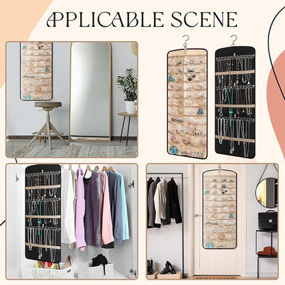 2 Pack Hanging Jewelry Organizer Storage with 39 Pockets, 30 Necklace Hooks Double Sided Wall Mount Earring Holder Organizer Bracelet Necklace Jewelry Display Hanger for Closet Door(Black)