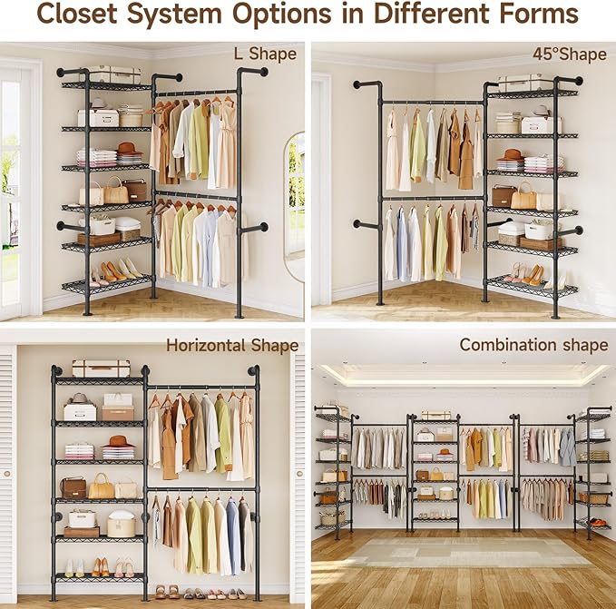 L2 Wall Mounted Closet System, Industrial Pipe Clothing Rack Clothes Racks with 2 Telescopic Rod & 6 Shelves, Heavy Duty Closet Organizers System in Wardrobe Closet, Black