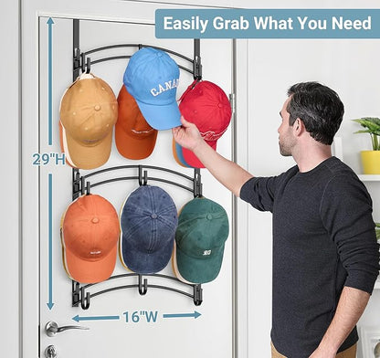 AOODA Space Saving Over the Door Hat Rack for Baseball Caps, Holds up to 27 Caps Metal Hat Organizer with 9 Hooks, Hanging Hat Holder Hanger for Closet, Bedroom (Black)