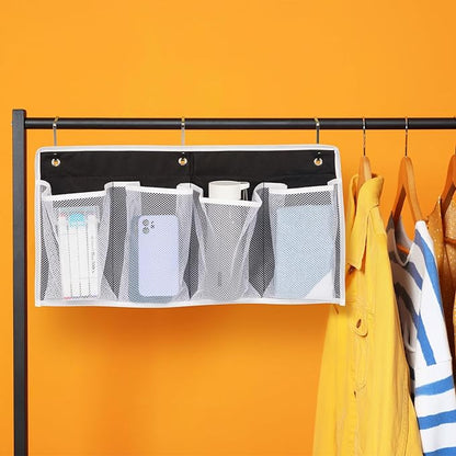 Pndeyo Bed Hanging Shoe Organizers with 3pcs Hooks, 4 Mesh Pocket Bedside Hanging Shoes Holder, Behind Door Storage Pockets for RV Dorm Entryway Bedroom Closet