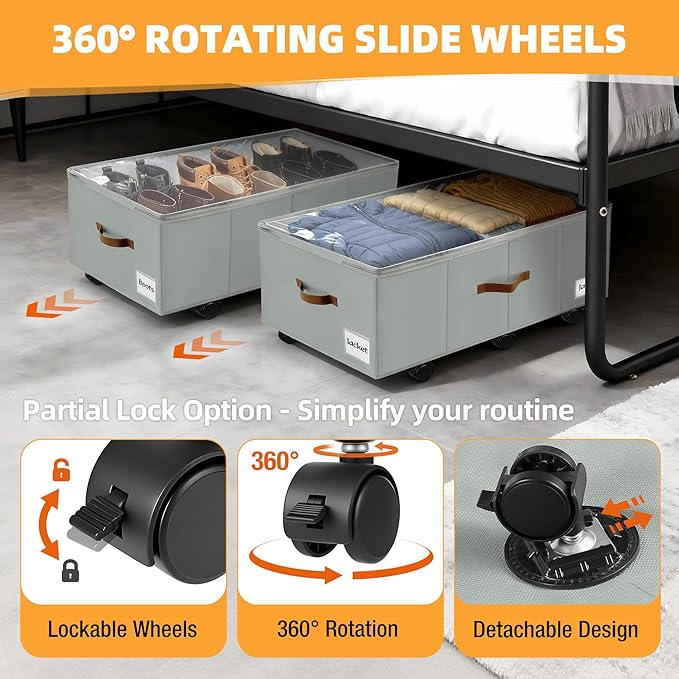 Under Bed Storage with Wheels,Underbed Storage with Sturdy Sidewalls/Bottom, Clear Cover, Label and PU Handle, Rolling Under Bed Drawers for Clothes, Shoes, 11 Inch Height,Grey, 2 Pack