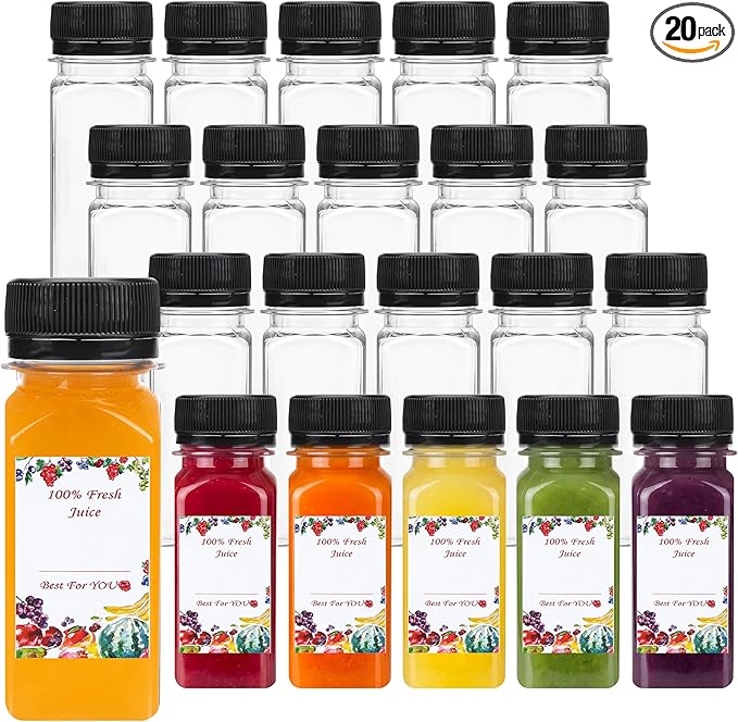 SUPERLELE 20pcs 2oz Plastic Shot Juice Bottles with Caps, Ginger Shot Bottles Reusable Clear Bulk Beverage Containers for Juice, Milk and Other Beverages
