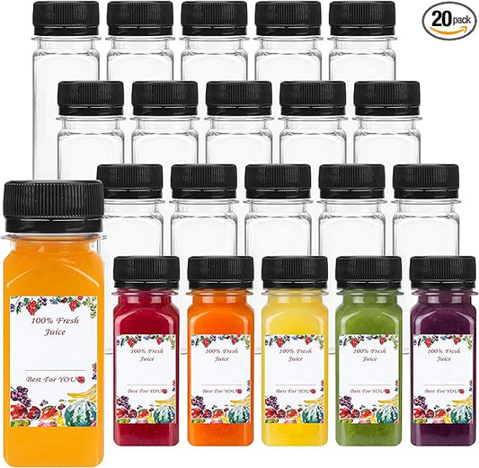 SUPERLELE 20pcs 2oz Plastic Shot Juice Bottles with Caps, Ginger Shot Bottles Reusable Clear Bulk Beverage Containers for Juice, Milk and Other Beverages
