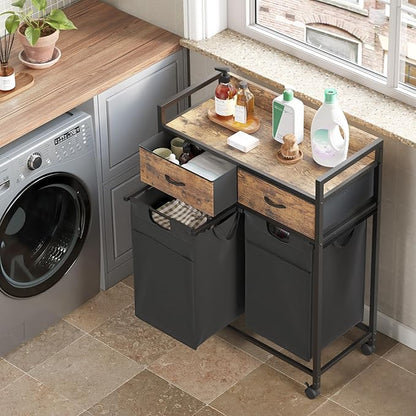 Mondeer Laundry Sorter with 2 Drawers, 100L with Pull-Out Removable Laundry Bags, Laundry Hamper Baskets with 2 Section and Wheels, Rustic Brown and Black