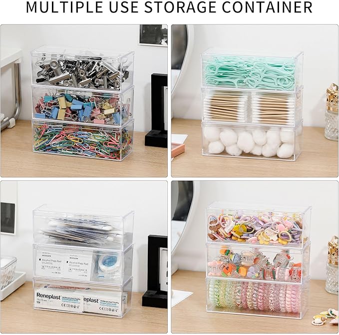 3 Pack Qtip Organizer Container with Lid, Plastic Bathroom Vanity Storage Canister for Cotton Swabs and Balls, Makeup Sponges, Hair Clips, Clear Counter and Desk Drawer Holder