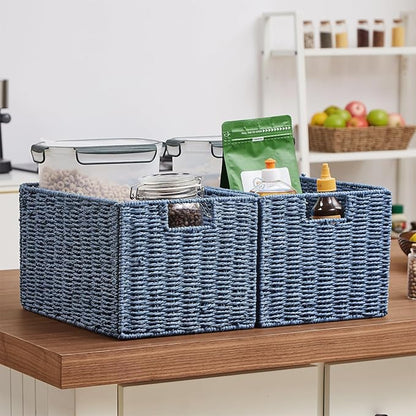 Vagusicc Wicker Storage Basket, Set of 2 Hand-Woven Paper Rope Wicker Basket, Large Storage Baskets for Organizing Toilet Paper, Foldable Cube Storage Organizer Bins for Shelves (Blue)