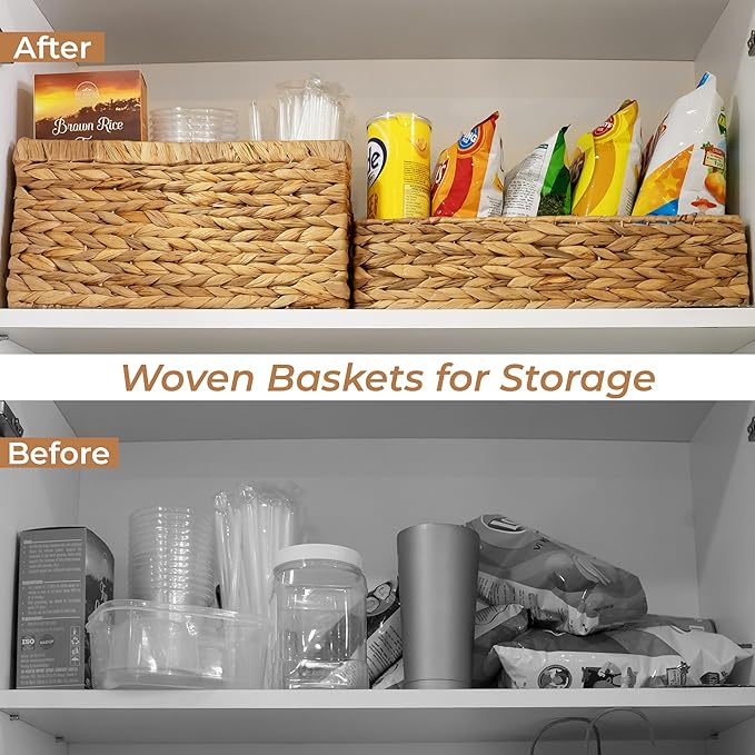2-Pack Handwoven Water Hyacinth Storage Baskets with Handles, Wicker Bins for Pantry Organization, Shelf or Closet Organizer, Decorative Boho Rectangular Basket 13.5" x 8"