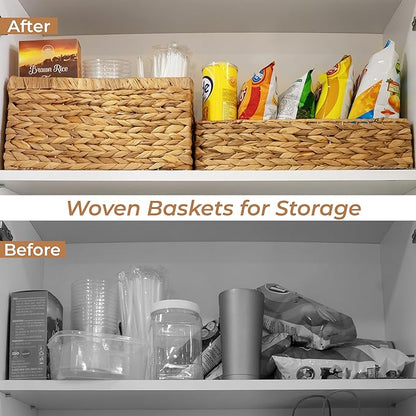 2-Pack Handwoven Water Hyacinth Storage Baskets with Handles, Wicker Bins for Pantry Organization, Shelf or Closet Organizer, Decorative Boho Rectangular Basket 13.5" x 8"