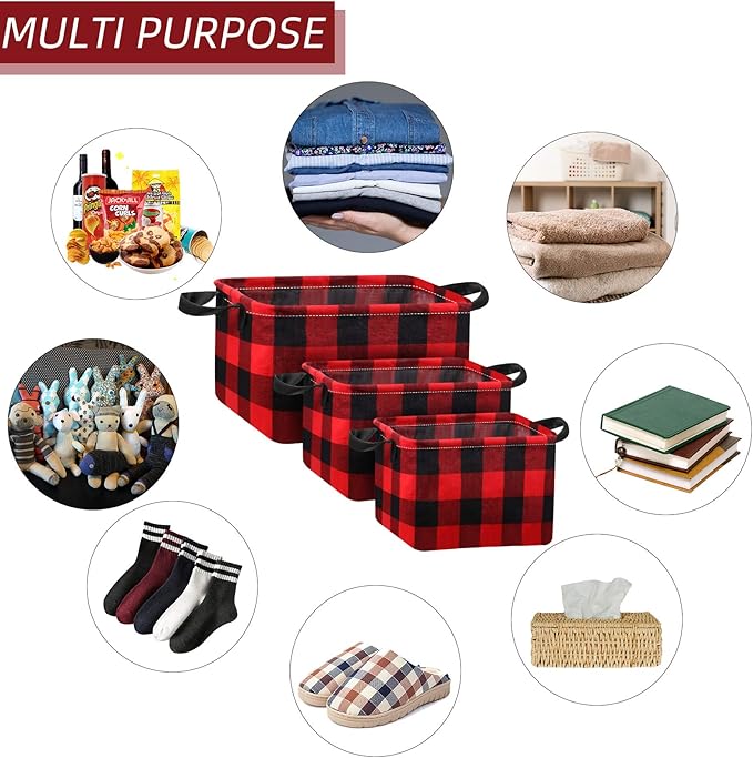 Boao 6 Pcs Buffalo Plaid Basket Square Storage Basket Buffalo Check Basket Bin Solid Storage Organizer with Handles Collapsible Square Organizer for Home Office (Red, Black, Plaid Style)