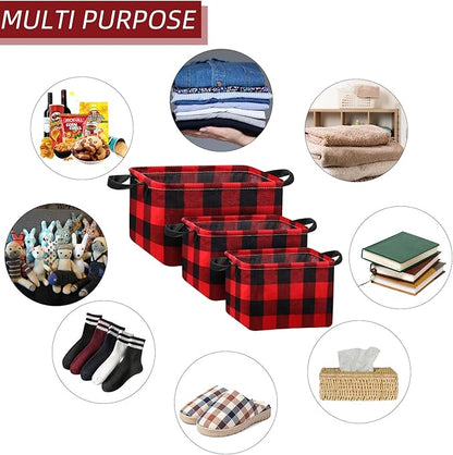 Boao 6 Pcs Buffalo Plaid Basket Square Storage Basket Buffalo Check Basket Bin Solid Storage Organizer with Handles Collapsible Square Organizer for Home Office (Red, Black, Plaid Style)