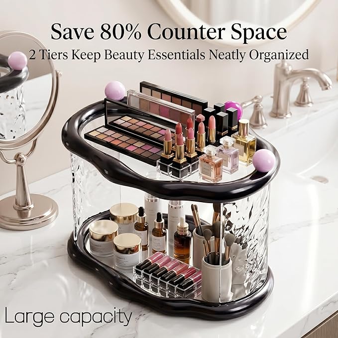 Skincare Makeup Organizer for Vanity and Bathroom Countertop-2 Tier Makeup Jewelry Storage,Transparent Clear Cloud Cosmetics Organizer, Ideal for Cosmetic Perfume Skincare for Countertop,Desk,Bathroom,Dresser-Black