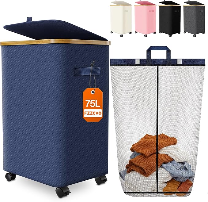 Laundry Hamper with Wheels, 75L Large Clothes Hamper with Removable Inner Bag, Collapsible Dirty Clothes Basket for Dorm, Rolling Dirty Clothes Basket for, Bedroom, Bathroom, Laundry Room