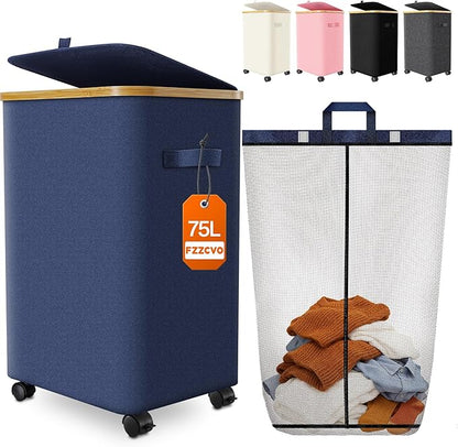 Laundry Hamper with Wheels, 75L Large Clothes Hamper with Removable Inner Bag, Collapsible Dirty Clothes Basket for Dorm, Rolling Dirty Clothes Basket for, Bedroom, Bathroom, Laundry Room