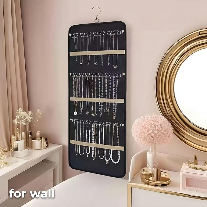 Hanging Jewelry Organizer, Dual-Sided Necklace Holder with Multiple Clear Pockets - Wall Mount & Over The Door Closet Storage for Earrings, Rings, Bracelets - 360° Rotating Hanger (1, Black, XL)