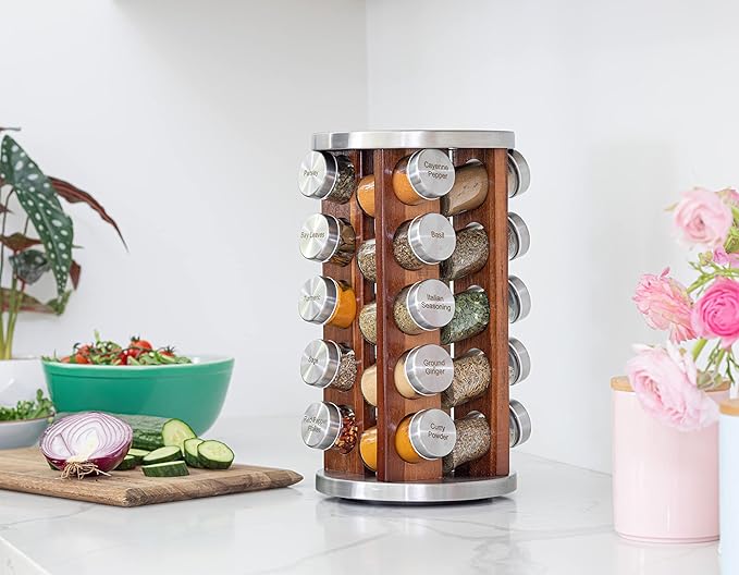 Orii 20 Jar Rotating Dark Acacia Wood Spice Rack with Spices Included & 5-Year Spice Refill Program – Rustic Wood Countertop Spice Rack with Glass Jars