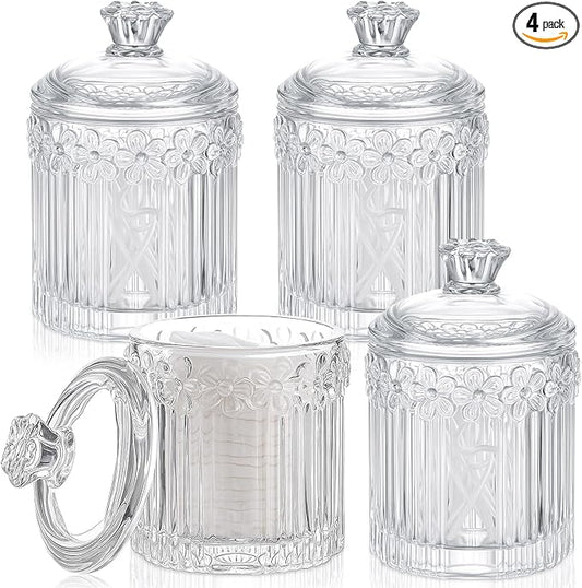 Hushee 4 Pcs Crystal Glass Candy Jar Set with Lids Home Decorative Storage Jars for Apothecary, Bathroom, Kitchen, and Pantry, Ideal for Cotton Swabs and Jewelry(Clear)