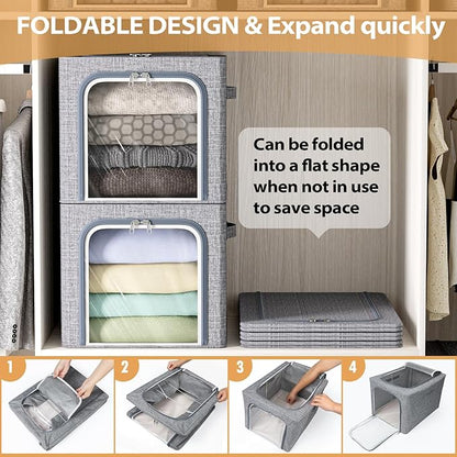 8 Pack Clothes Storage Bins with Metal Frame Foldable Clothing Storage Bins with Lids 49L Stackable Storage Box for Closet Fabric Organizer with Clear Window for Sweaters T-Shirts Bedding,Light Grey