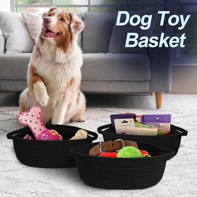 MEGASKET Black Woven Basket, 13” x 9” x 5” Cute Dog Toy Basket, Soft Cotton Rope Storage Box, Cat Toy Bin, Baskets for Gifts Empty, Small Baskets for Organizing, Decorative Basket
