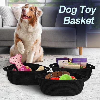 MEGASKET Black Woven Basket, 13” x 9” x 5” Cute Dog Toy Basket, Soft Cotton Rope Storage Box, Cat Toy Bin, Baskets for Gifts Empty, Small Baskets for Organizing, Decorative Basket
