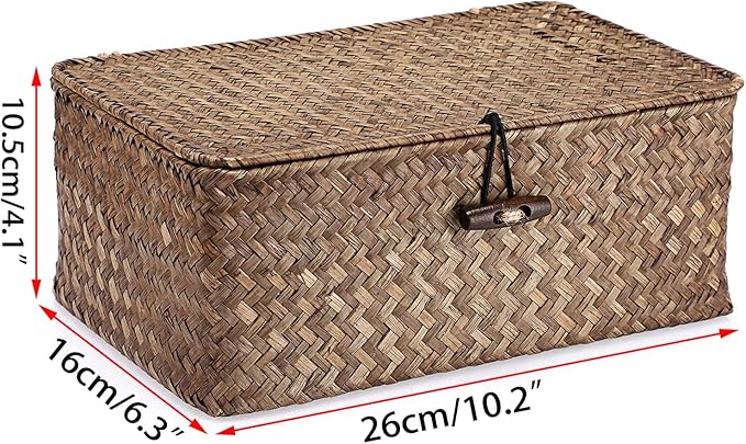 Hipiwe Wicker Shelf Baskets Bin with Lid, Handwoven Seagrass Basket Storage Bins Rectangular Household Basket Boxes for Shelf Wardrobe Home Organizer, Coffee Small