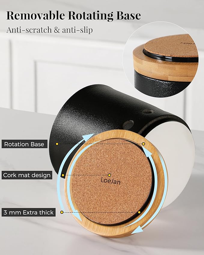 LoeJan 360° Rotating Ceramic Utensil Holder for Kitchen Countertop – Cooking Utensil Crock Organizer with Non-Slip Cork Base for Farmhouse Kitchen Decor, Textured Black