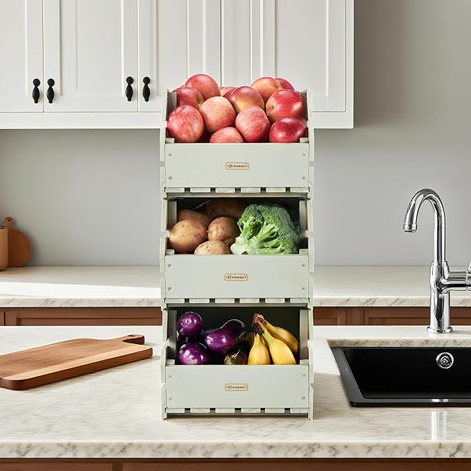 Wood Potato Onion Storage Bins - Wooden Stackable Produce Basket - Fruit Vegetable Storage for Kitchen Pantry Organization, Set 3 Pieces