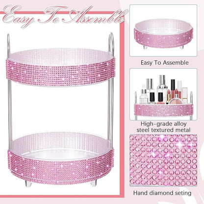 Honeydak 360 Rotating Perfume Organizer for Mother Day Nurse Day Rhinestone Bathroom Counter Organizer Makeup Holder Skincare and Perfume Storage for Cosmetic Countertop(2 Tiers,Resin Stone,Pink)