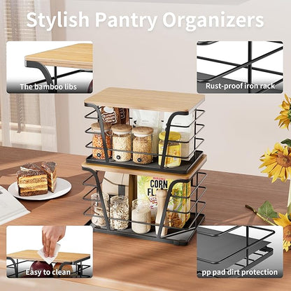 2 Pack Potato and Onion Storage Bins, Stackable Kitchen and Pantry Organizer with Bamboo Top & Lightweight PP Mat, for Vegetables, Fruit, Onion, Potato, Garlic - Pantry, Kitchen Storage Bins (Black)