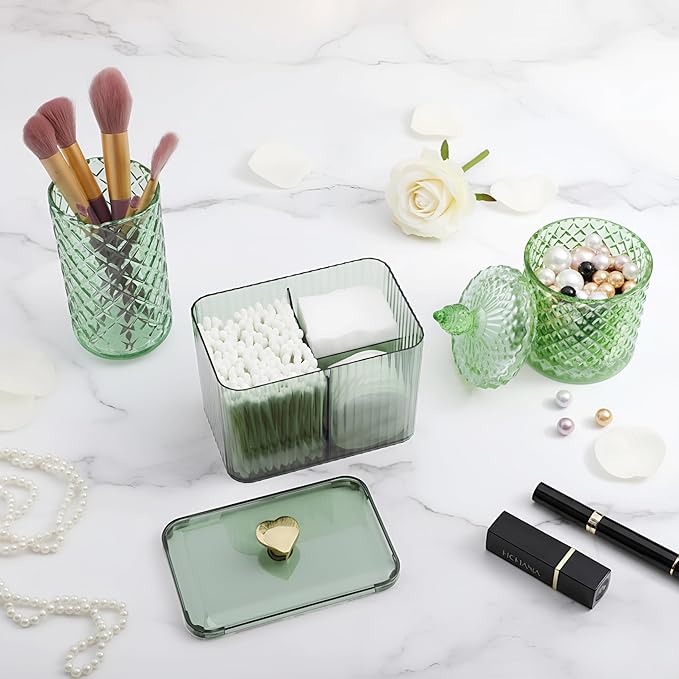 FoldTier 3 Pcs Cotton Ball Holder Dispenser Bathroom Set Cotton Ball Holder Swabs/ball Storage Box 3 Grids Partition Cosmetics Storage Dispenser for Vanity Tray Candy Container Jar For Home(Green)