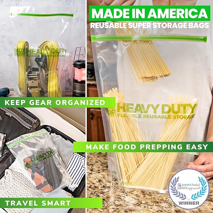 50 x HEAVY DUTY 5mils Thick Dishwasher-Safe STAND-UP Reusable Bags, US-MADE, Extra Durable Washable Reclosable Food Storage Extra Large Bags, XXL 12"x16" 2-Gallon 50-Pack