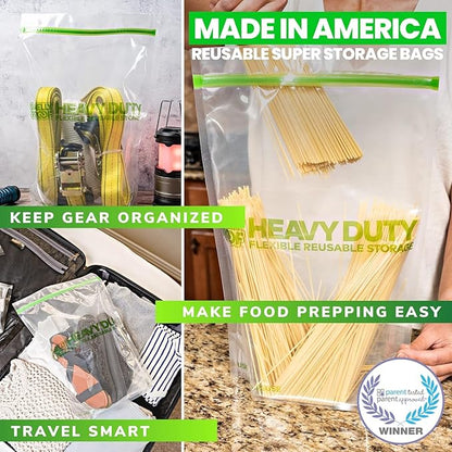 50 x HEAVY DUTY 5mils Thick Dishwasher-Safe STAND-UP Reusable Bags, US-MADE, Extra Durable Washable Reclosable Food Storage Extra Large Bags, XXL 12"x16" 2-Gallon 50-Pack