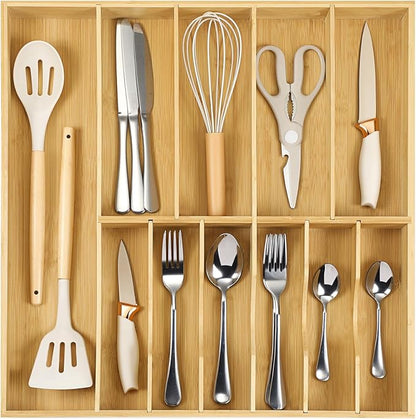Fabsome Silverware Organizer for Kitchen Drawers, 2.5'' Deep 18.8'' Wide Bamboo Wood Flatware Tray with Deep Slots for Large Cutlery Utensil Drawer