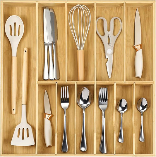 Fabsome Silverware Organizer for Kitchen Drawers, 2.5'' Deep 18.8'' Wide Bamboo Wood Flatware Tray with Deep Slots for Large Cutlery Utensil Drawer