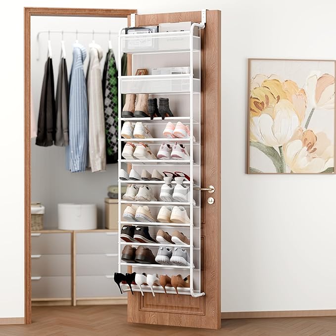 Whitmor 27 Pair Over The Door Shoe Organizer, 11 Tier Hanging Shoe Organizer, Heavy Duty Metal & Mesh Shoe Holder, Hanging Shoe Rack for Closet Organizer & Storage,79.9"L x 21.7"W x 7.5"H, White