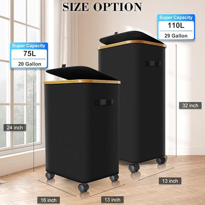 Laundry Hamper with Wheels,20 Gal (75L) Laundry Basket with lid Rolling Clothes Hamper Foldable Dirty Clothes Basket on wheels with Bamboo Frame and Bag for Bedroom, Dorm, Laundry Room-Black