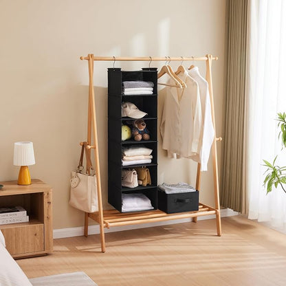 MAX Houser 6 Tier Shelf Hanging Closet Organizer, Closet Hanging Shelf with 2 Sturdy Hooks for Storage, Foldable (Black)